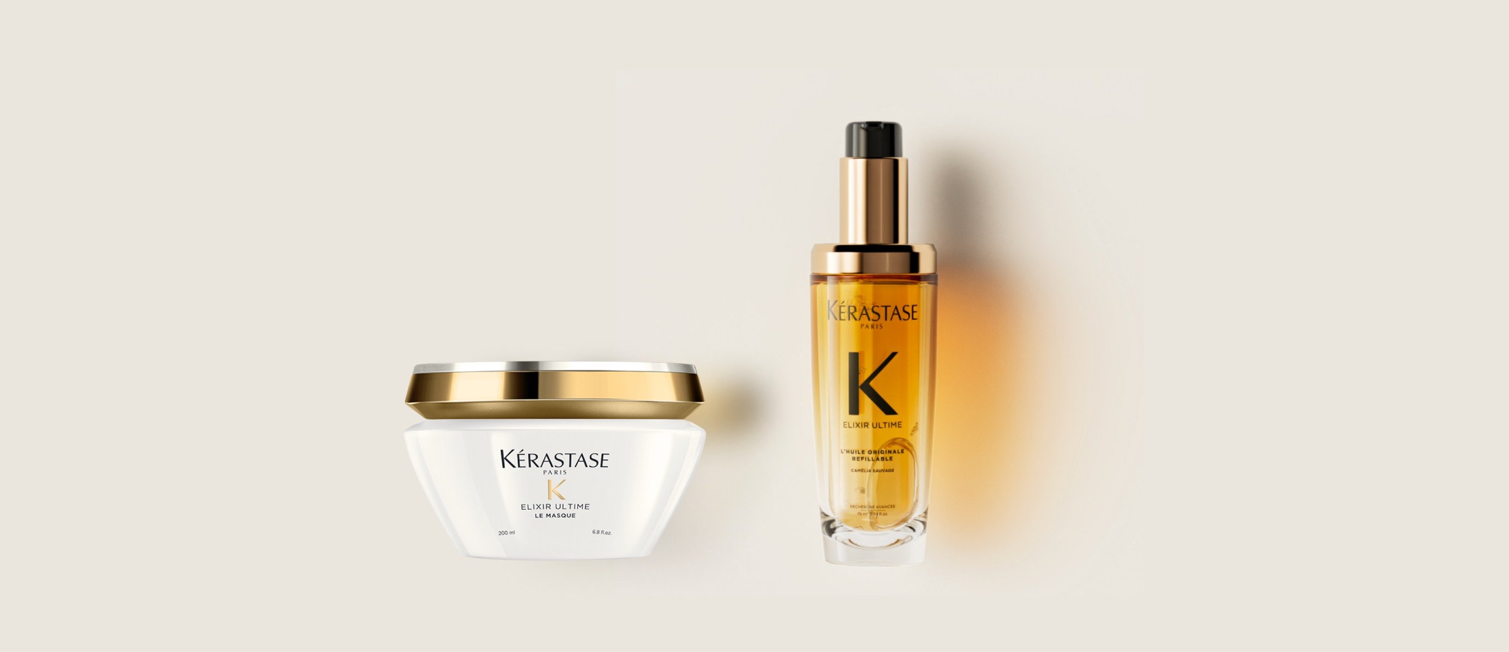 The Elixir Ultime hair mask and the new refillable Elixir Ultime hair oil are display on a pure beige background.